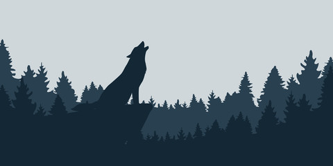 Naklejka na ściany i meble howling wolf on a cliff in the forest vector illustration EPS10