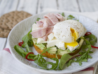 Healthy breakfast, sweet potatoes, cheese, avocado, ham, poached egg and greens with whole grain bread. Diet food. Breakfast served on a white plate on a light wooden table. Close up