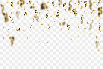 Golden confetti isolated on checkered background. Festive vector illustration