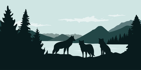 wolf pack by the river green forest wildlife nature landscape vector illustration EPS10 - obrazy, fototapety, plakaty