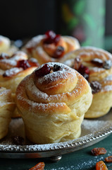 Cruffins - Buns from yeast dough. Cruffins on a metal tray