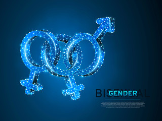 Bisexual pride, people symbol. Wireframe digital 3d illustration. Low poly, man and two women bisexuality concept on blue background. Abstract Vector polygonal neon LGBT sign. RGB color mode