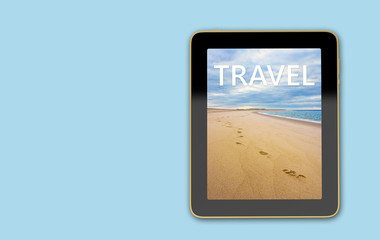 Tablet with beach scene on display - Footsteps in the sand - 3D Rendering