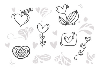 Vector monoline Valentines Day Hand Drawn elements. Happy Valentine Day. Holiday sketch doodle Design card with Heart. Isolated illustration decor for web, wedding and print