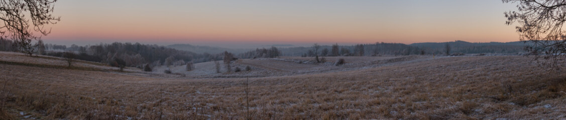 Winter frost panorama late evening