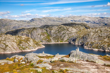 Fototapeta na wymiar Cairn at Tjodanpollen mountain lake Rogaland Norway Scandinavia