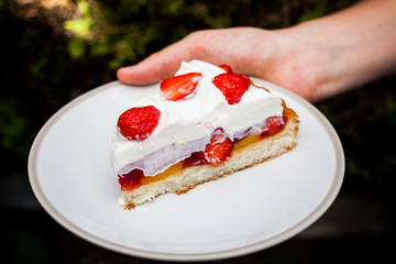 A view of a hand holding a plate with a slice of cake on top. The strawberry dessert looking good with the whip cream topping. Home cooked sweets and delicacies. Pastry making idea