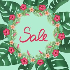 Sale banner, discount poster with palm leaves, jungle leaf and handwriting lettering. Floral tropical summer background