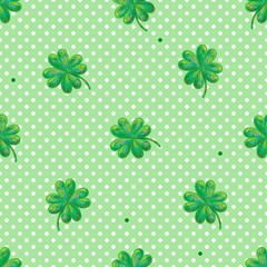 Green seamless clover vector pattern for St. Patrick's Day. Seamless clover leaves background. Clover texture perfect for wallpapers, pattern fills, web page backgrounds, surface textures, textile