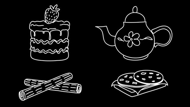 Set of outline animated doodle icons for tea party. Drawing white contours of culinary theme over black background in 4K. Monochrome hand drawn vector symbols.
