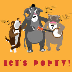 Singing party animals with banjo and lettering.
