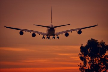 An aircraft lands into the sunset