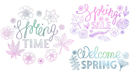 Spring hand drawn retro lettering design with floral decorative elements
