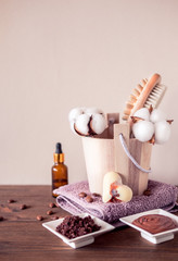 Skin and body care or Spa attributes on wooden table. Healthcare concept.