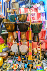 Musical instruments shop in Arambol market at Goa, India
