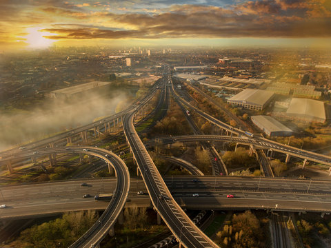 Birmingham UK Spaghetti Junction Aerial With City Centre Background