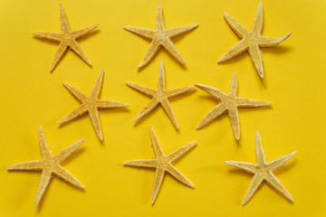 Fototapeta na wymiar Summer background of yellow paper with starfish, symbolizing the