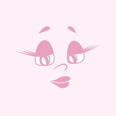 Lovely nice attractive face on a gentle-pink background. Smilie girl looks at us from under the lowered eyelashes. Flat design.