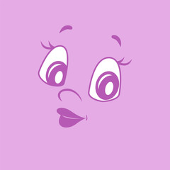 Lovely nice attractive face on a lilac background. Smilie girl with love looks at us. Flat design.