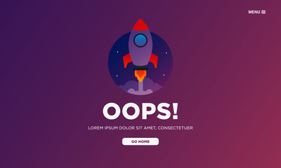 Oops 404 Page Interface Design with Rocket Ship Vector Illustration