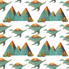 Seamless Pattern Cute Dinosaurs Stenosaurus and mountains