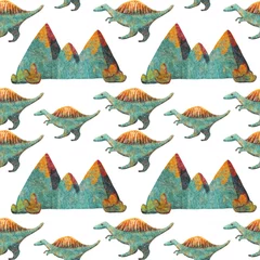 Naadloze patroon schattige dinosaurussen Stenosaurus en bergen © LukaJreym