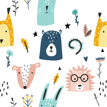 Forest baby animals seamless funny pattern.