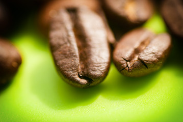 coffee beans close-up, macro on a green background