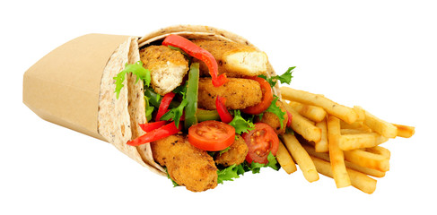 Southern fried chicken fillets and salad in a wholemeal tortilla wrap with French fries isolated on a white background