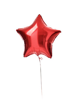 Big Red Metallic Latex Star Balloon For Birthday Party Isolated On A White 