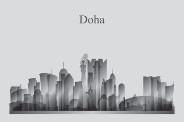 Doha city skyline silhouette in grayscale