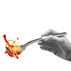 Monochrome female hand holds a fork with spaghetti pasta and splash of tomato sauce.