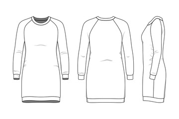 Female dress clothing set. Blank template of raglan sleeves sweatdress in front, back and side views. Casual style. Vector illustration for your fashion design.