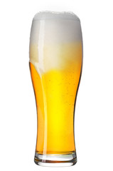 Craft light beer in a weizen glass isolated on white background. Studio shot.