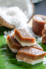 Steamed coconut milk pudding kuih talam with tapioca candy 