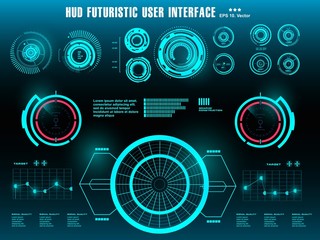 HUD futuristic blue user interface, dashboard display virtual reality technology screen, target