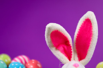Easter background. On the right are the Easter Bunny's ears and hand-painted colored eggs on the purple background behind it. Cropped shot, close-up, horizontal, blurred, empty space. Easter concept.