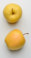 Two yellow apples on white