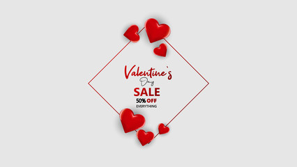     Promo Web Banner for Valentine's Day Sale. Beautiful Background with Red Hearts. Vector Illustration with Seasonal Offer. - Vector 