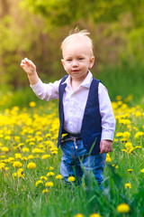 Toddler boy in a trendy stylish suit on a glade of blooming yellow dandelion flowers. series Emotions and laughter of a little boy. spring and bloom.