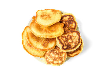 Homemade fluffy pancakes isolated on white background. Russian, Belarusian food. 