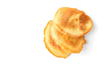 Homemade fluffy pancakes isolated on white background. Russian, Belarusian food. 