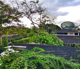 Elipse shaped building in background of roofs and trees