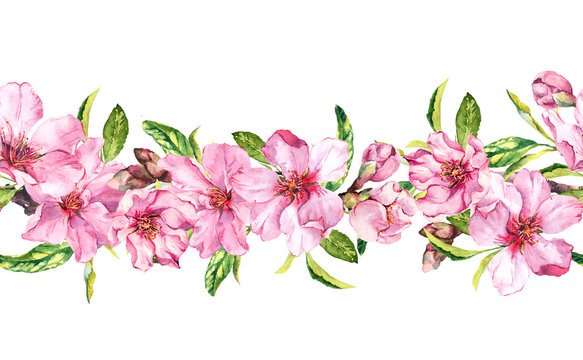 Apple, cherry pink flowers. Seamless floral stripe frame. Horizontal watercolour painted border
