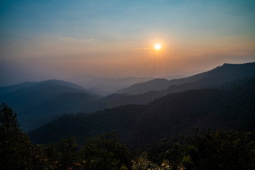 Sunset in highlands of Doi Tung, Thailand