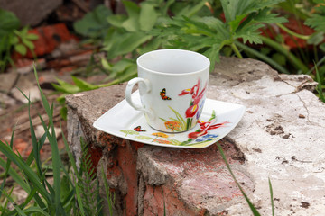 Cup with coffee on green grass. 