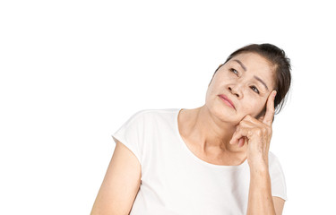 Old asian woman looking and thinking with copy space