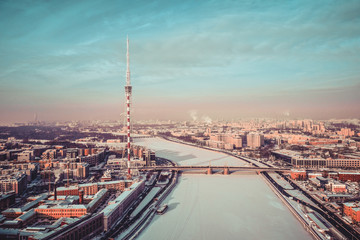 Winter radio tv tower in Sankt-Petersburg, Russia