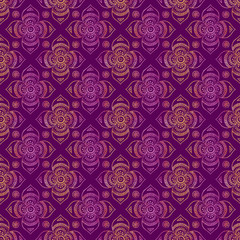 traditional Indian mehndi seamless pattern with watercolor pink-orange texture and purple background