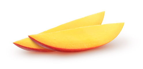 Isolated sliced mango. Two slices isolated on white background with clipping path